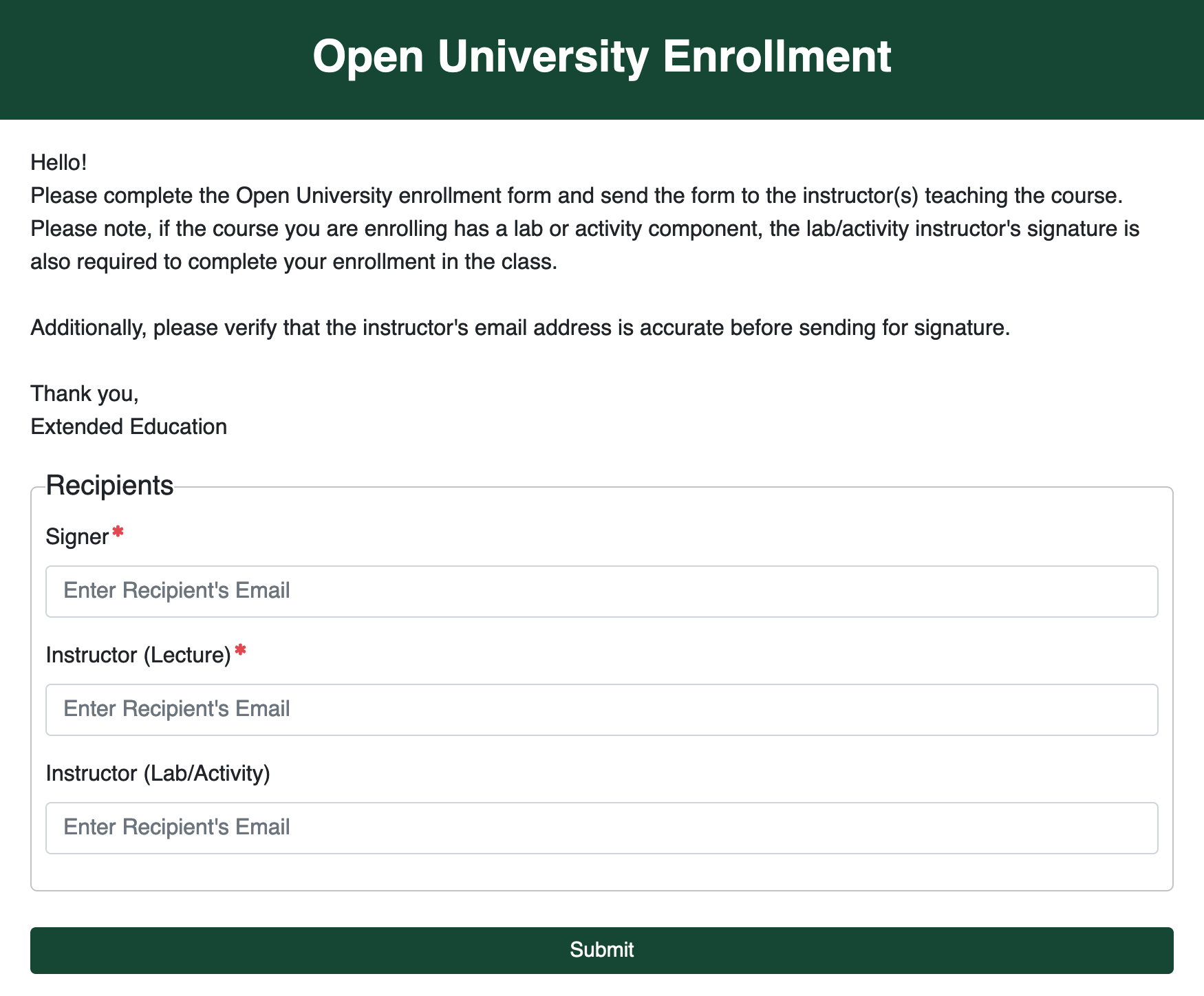 University Enrollment Form Template